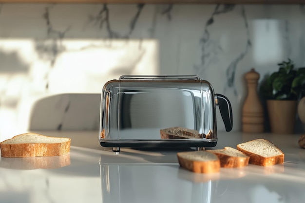 Photo shiny silver toaster on white countertop