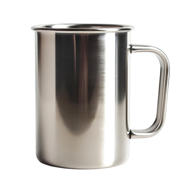 Photo a shiny stainless steel mug with a curved handle