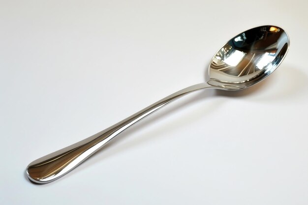 A shiny stainless steel spoon with a sleek handle