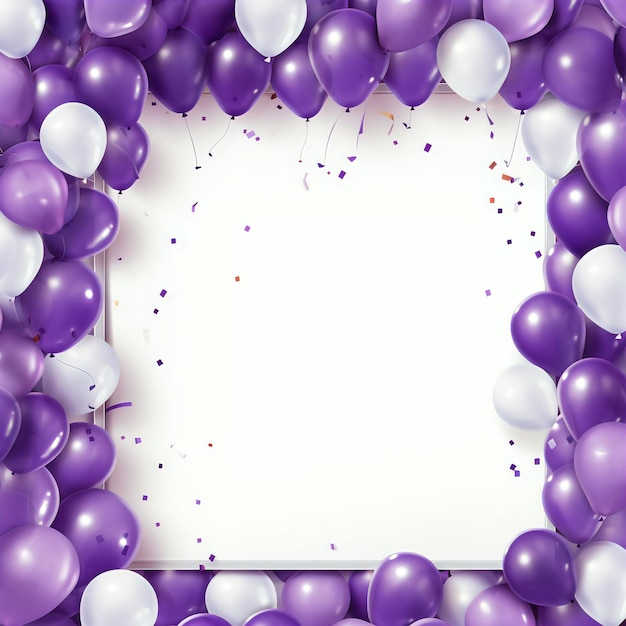 Shiny violet balloons frame on white background