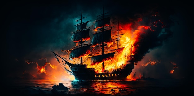 Ship ablaze at night with flames and smoke billowing out from the burning vessel