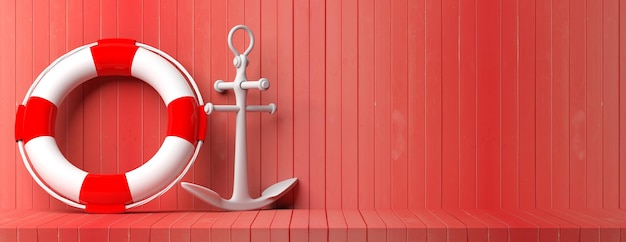 Ship anchor and life buoy on red wooden floor and wall background banner copy space 3d illustration