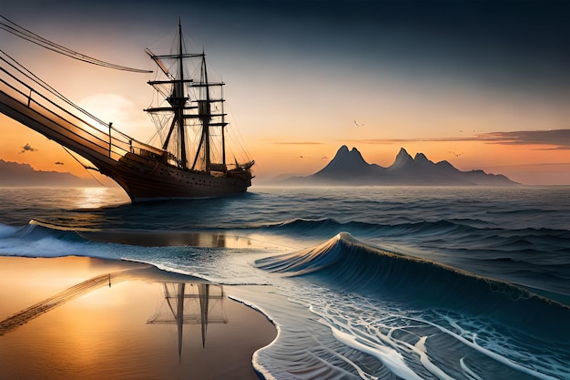 A ship on the beach with mountains in the background