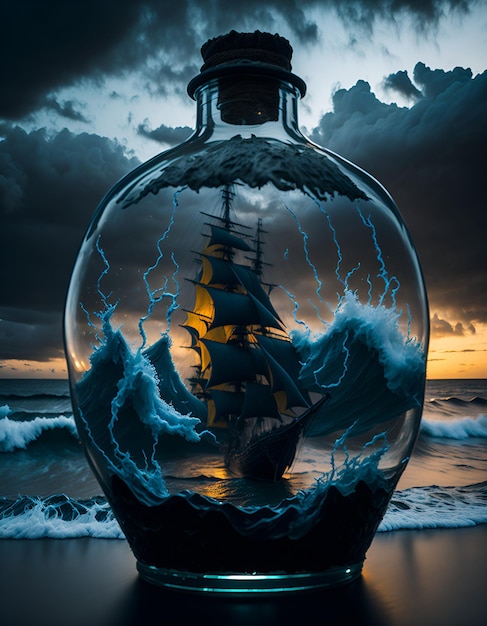 A ship in a bottle with a storm in the background