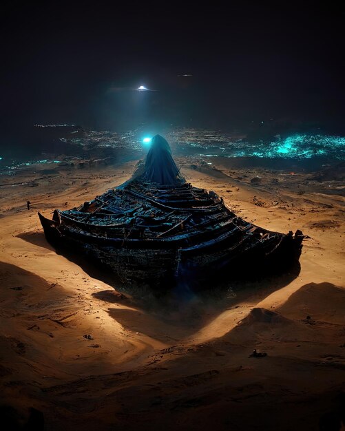 a ship in the desert with a blue light on the top