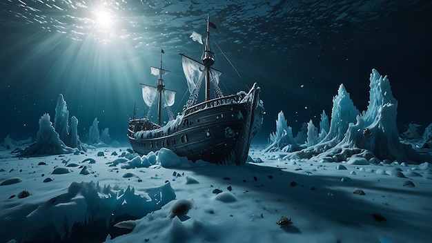 Ship Floating in Ocean Surrounded by Ice