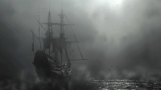 a ship in the fog is in the water