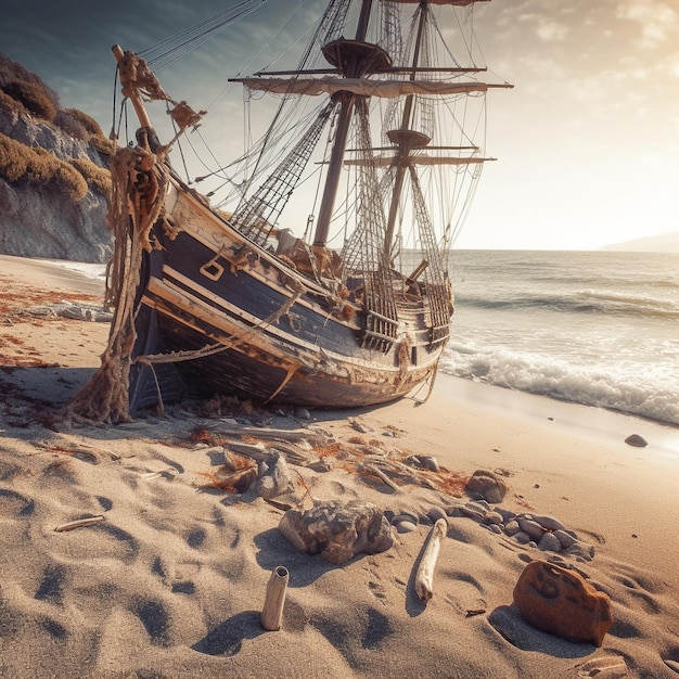 Photo a ship is on the beach and is on the sand.