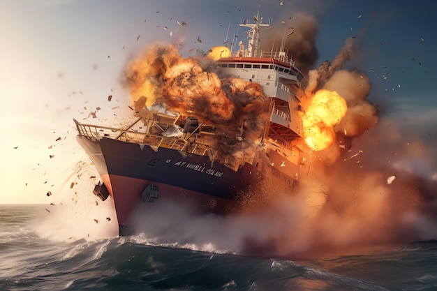 A ship is being destroyed by a fireball.