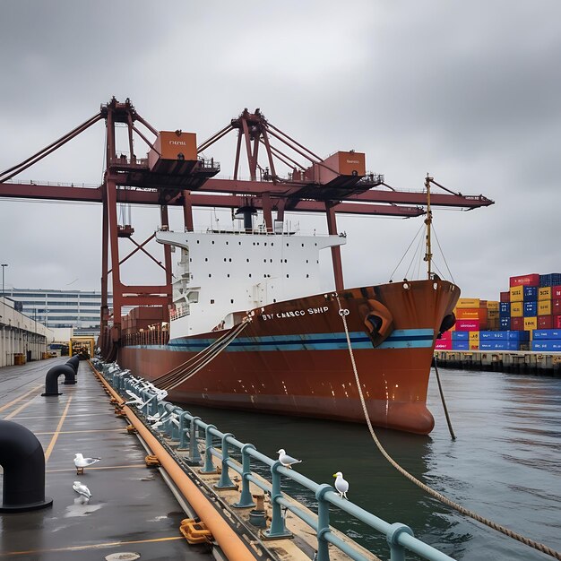 a ship is docked in a harbor with a large container in the background