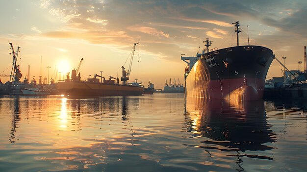 Photo a ship is docked in the water with the sun setting behind it