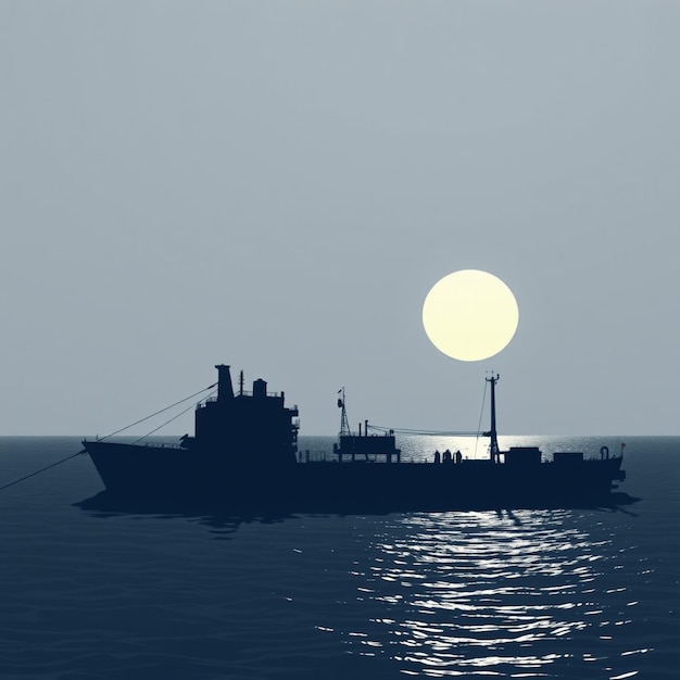 a ship is floating in the ocean with the moon in the background