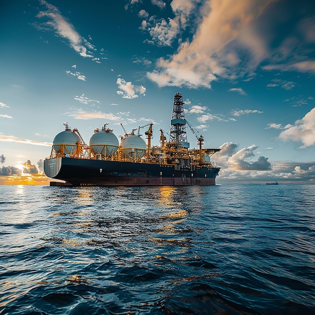 a ship is floating in the ocean with the sky in the background