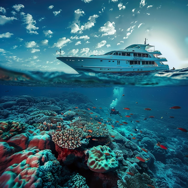 a ship is floating in the ocean with a sky background