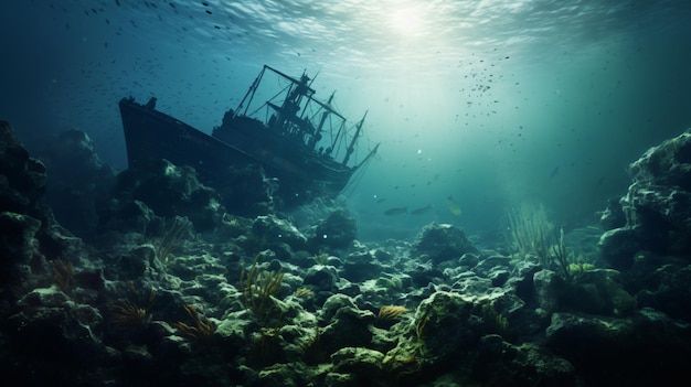 a ship is floating in the water and is surrounded by rocks