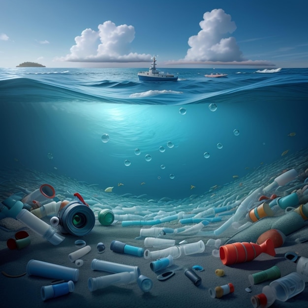 a ship is floating in the water with plastic bottles and plastic bottles