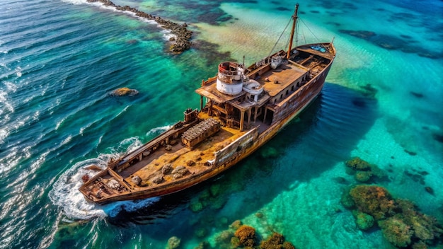 Photo a ship is floating in the water with a ship on the bottom