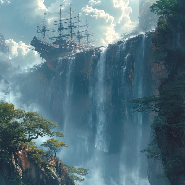 a ship is floating above a waterfall and the ocean is in the background