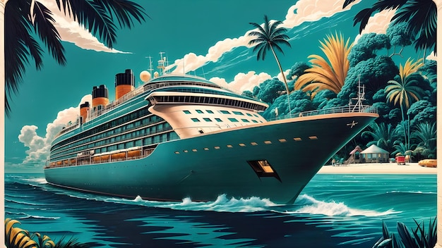 a ship is painted in blue and has palm trees in the background