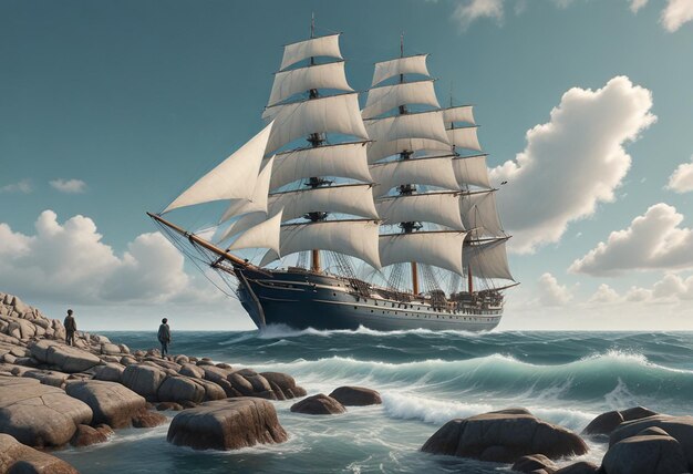 a ship is sailing in the ocean with a man standing on the rocks