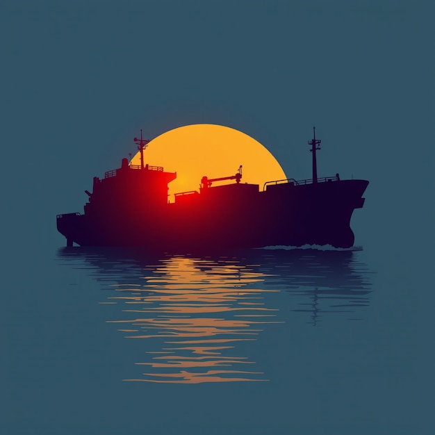 a ship is sailing on the water with the sun setting behind it