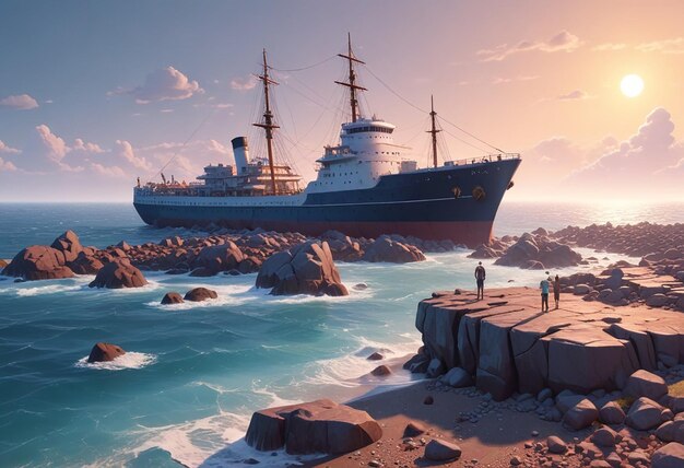 a ship is on the water and a man is standing on the rocks