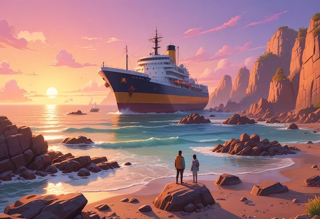 a ship is on the water and a sunset is on the horizon