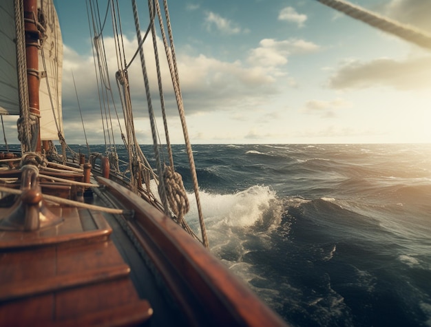 a ship is in the water with birds beautiful sailboat at sea a view from the front of a boat sailin