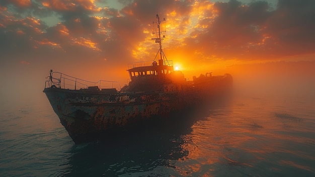 a ship is in the water with the sun setting behind it