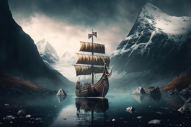 A ship in a lake with mountains in the background