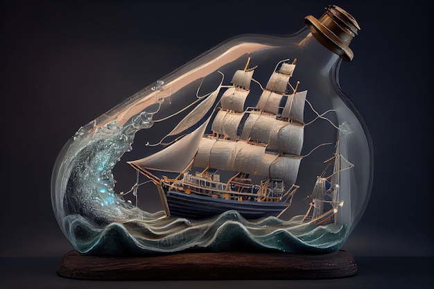 Ship model with waves stormy seas and lightning in bottle created with generative ai