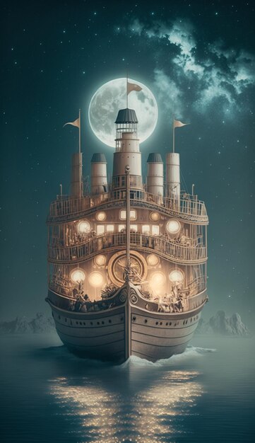 A ship in the night sky with the moon in the background.