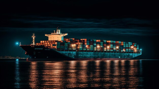 A ship in the ocean at night with a dark sky behind it