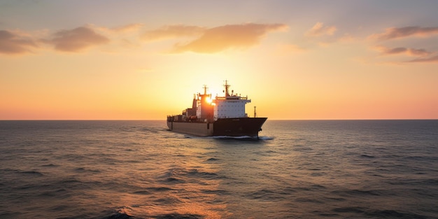 A ship in the ocean at sunset