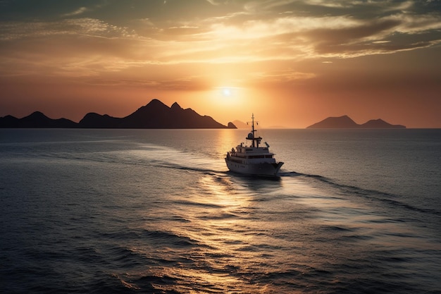 A ship in the ocean at sunset