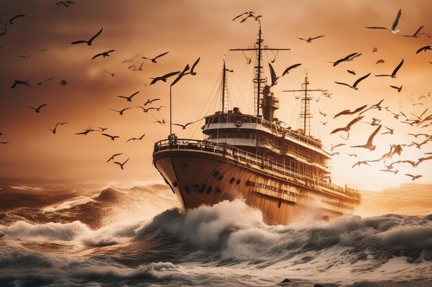 a ship in the ocean with birds flying around it