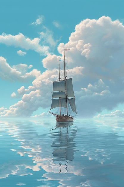 A ship in the ocean with clouds in the background