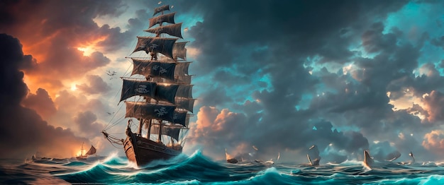 a ship in the ocean with a cloudy sky in the background