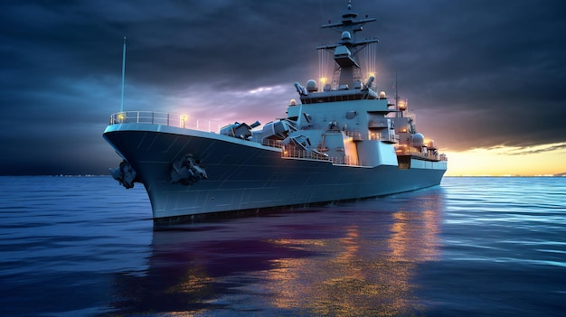 A ship in the ocean with a dark sky and lights on.