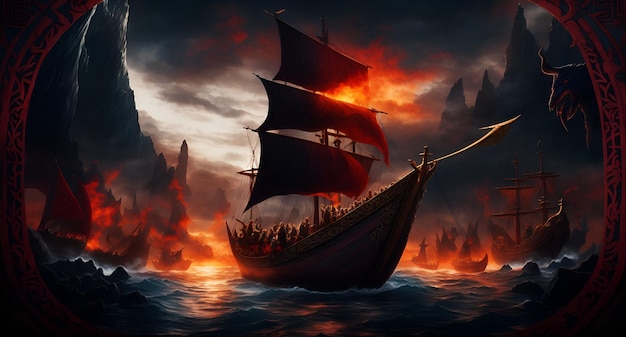 A ship on the ocean with flames and smoke