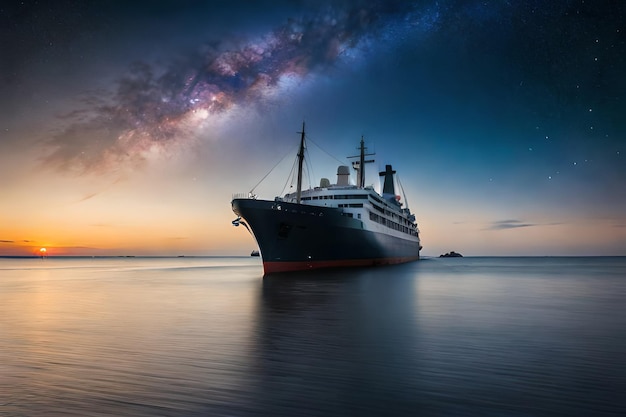 A ship in the ocean with a galaxy in the background