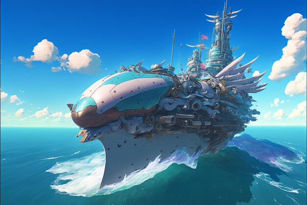 A ship in the ocean with a large ship made of metal and a large ship with a large number of different parts.