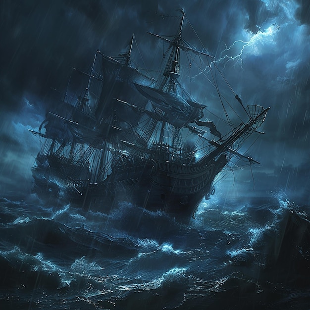 a ship in the ocean with a lightning storm behind it