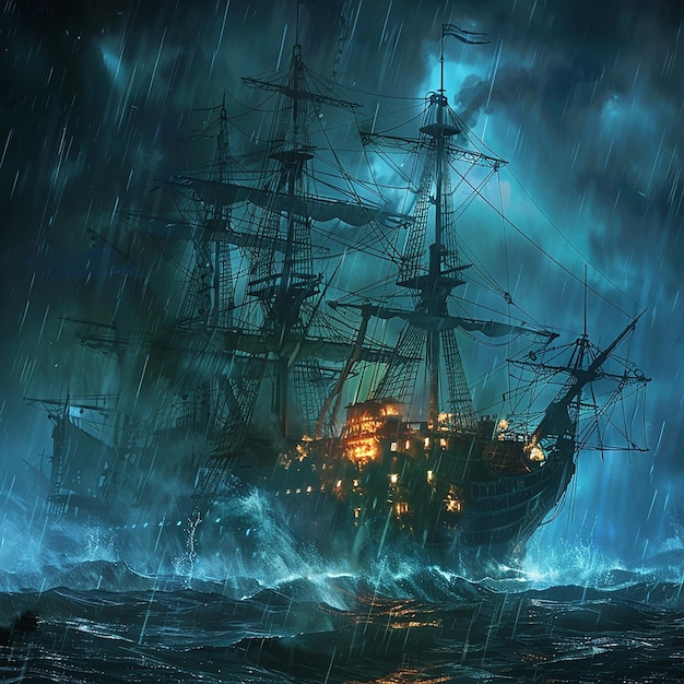 a ship in the ocean with a lightning storm behind it