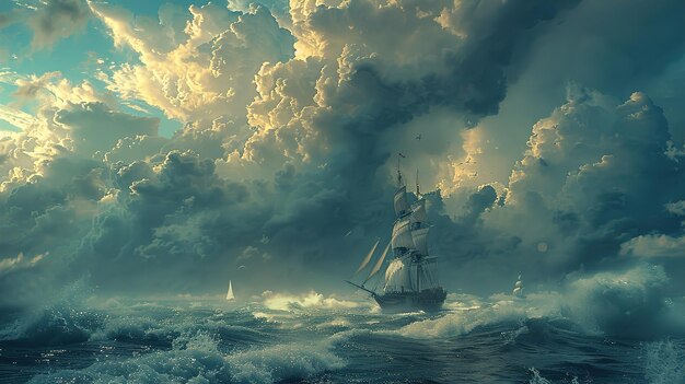 a ship in the ocean with a sail in the sky