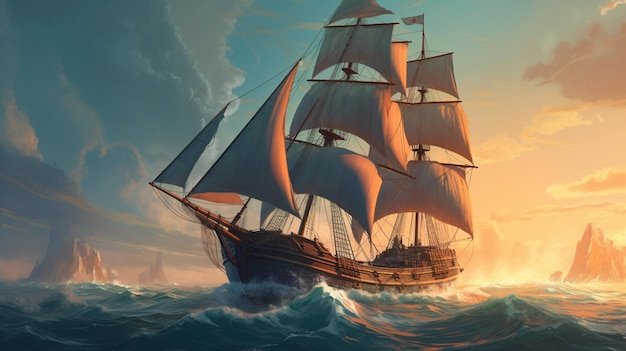 A ship in the ocean with the sails up