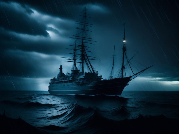 A ship in the ocean with a storm in the background