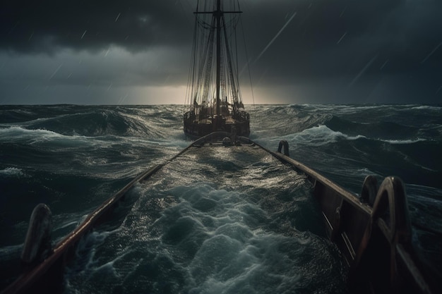 A ship in the ocean with a storm in the background