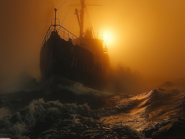 a ship in the ocean with the sun setting behind it