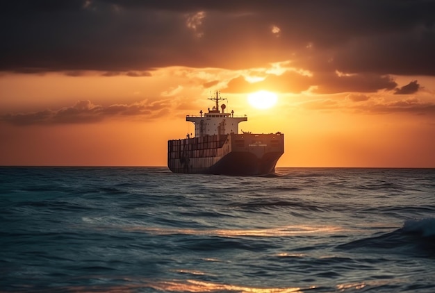 A ship in the ocean with the sun setting behind it